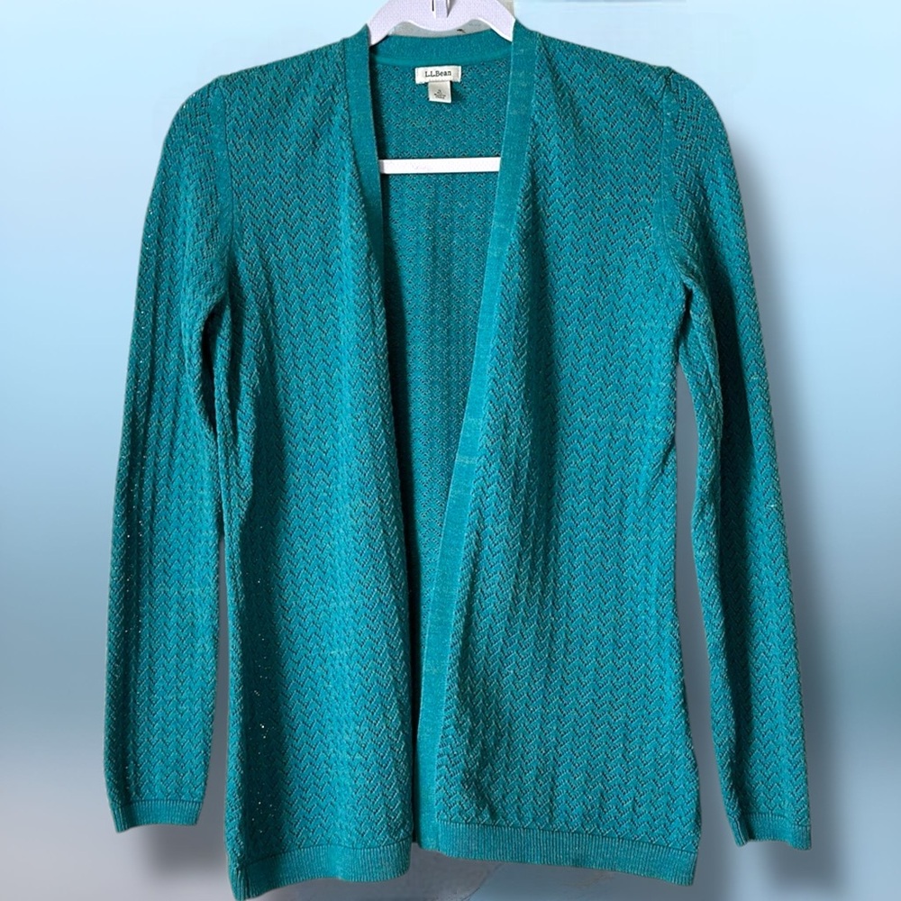 L.L. Bean Womens Teal Blue Pointelle Draped Open Cardigan Sweater
